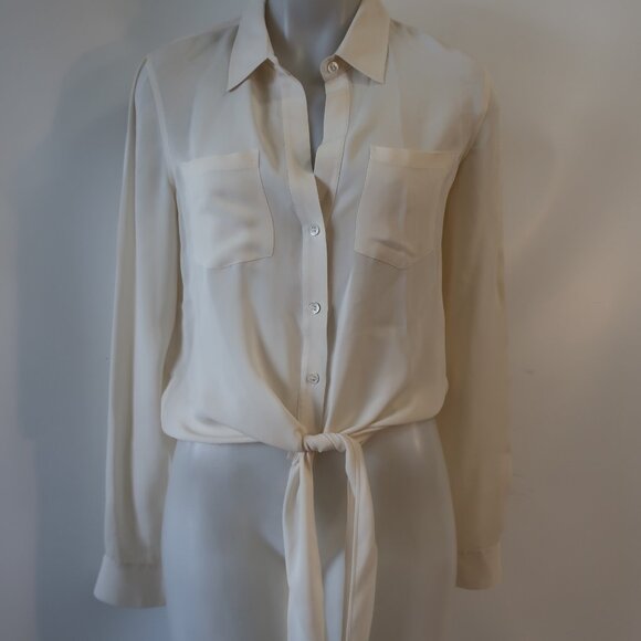 Women Theory Ivory Pure Silk Front Tie Cropped Blouse Top M - Picture 2 of 12
